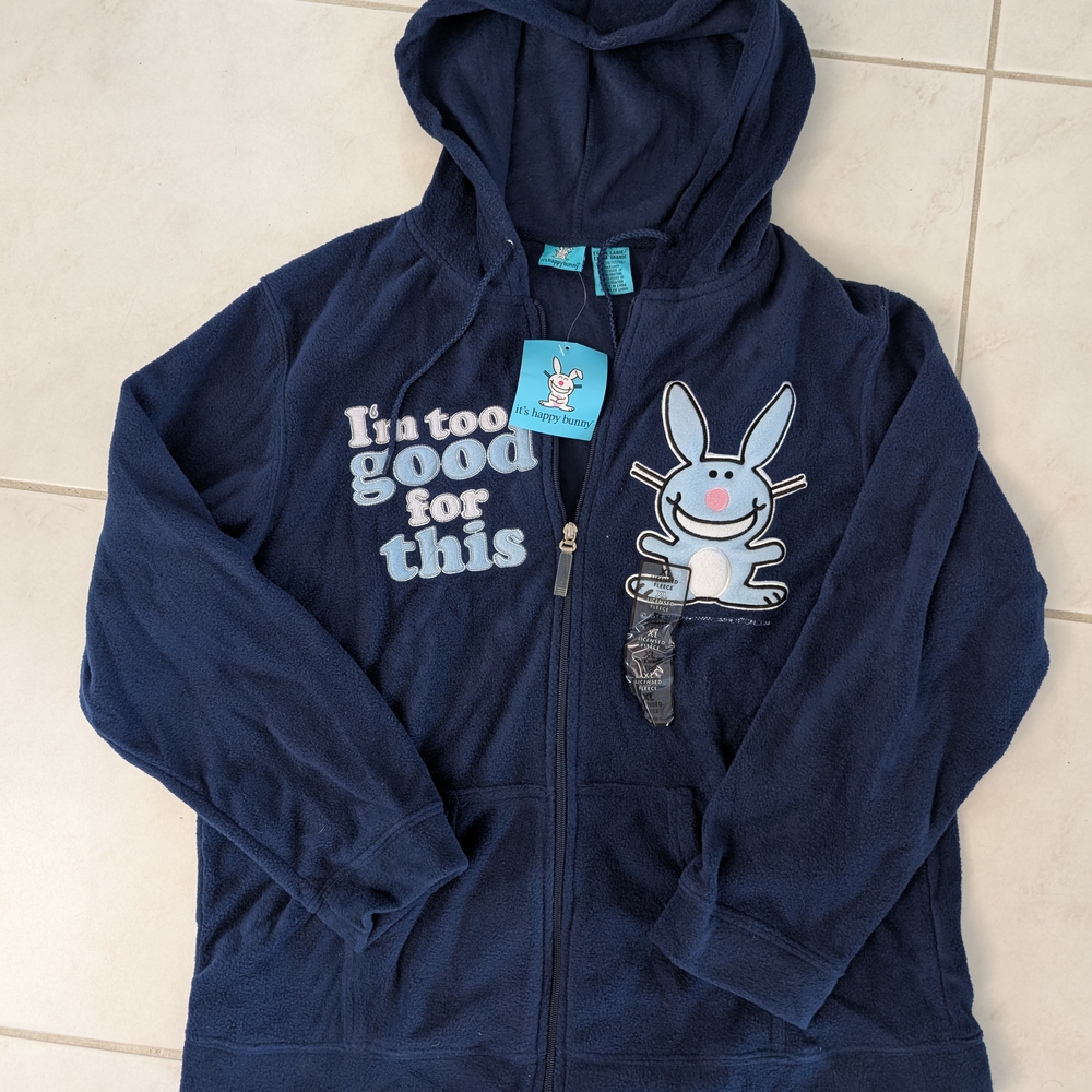 RARE NWT It's Happy Bunny by Jim Benton Fleece Zipup Hoodie Sweater Size XL Y2K